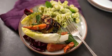 Broccoli Pesto Pasta and Roasted Vegetable Salad